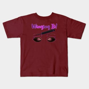 Winging It! Winged Liquid Eyeliner Makeup Pun (White Background) Kids T-Shirt